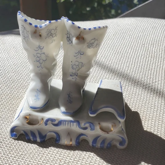 White and Blue Ceramic Cowboy Boot Figurine - Picture 1 of 6